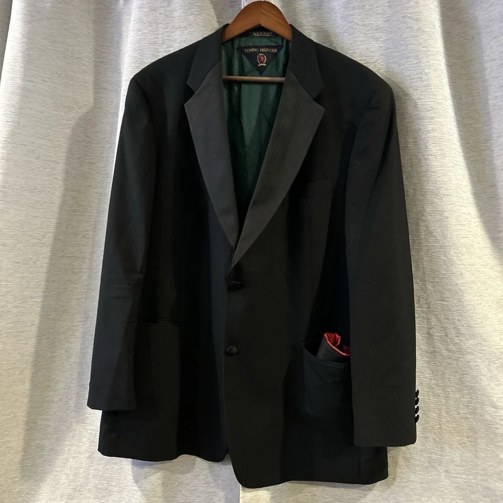 Vtg USA Made Tommy‎ Hilfiger 42R 36X32 Black Mens Jacket Pants Suit